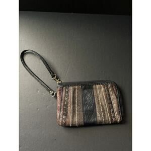 Fossil Vintage Striped Leather Zip Around Wallet Clutch Wristlet Strap Boho